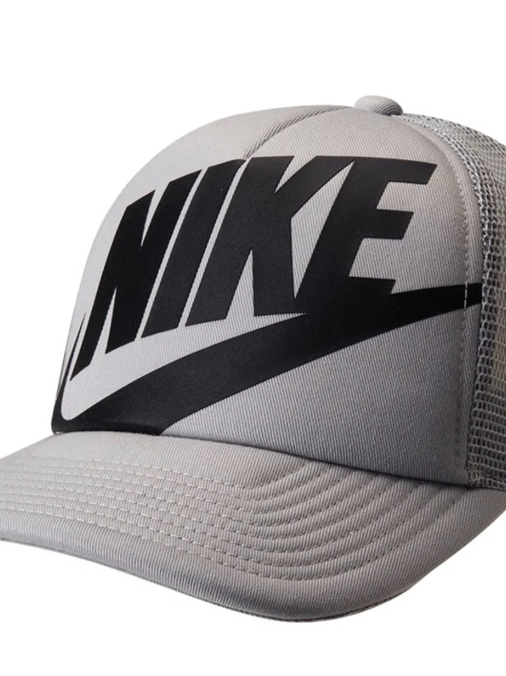 Nike Silver Mesh Trucker Hat with Black Logo Tag